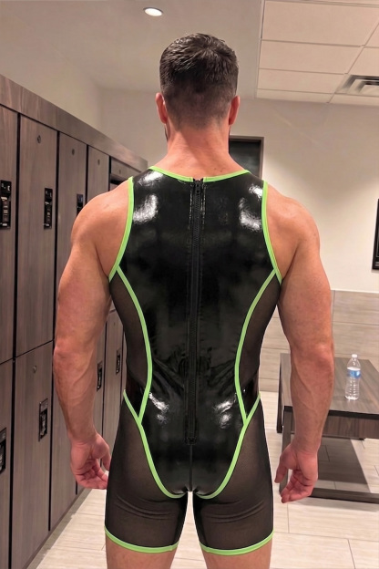 Mysteryglove Black & Neon Green Gloss PU Leather Mesh Singlet Bodysuit, Front & Back Full-Length Zip + Contrast Trim
