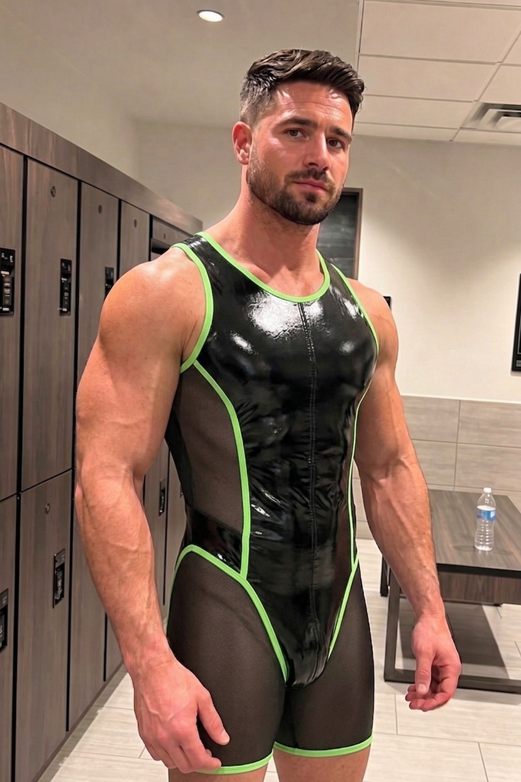 Mysteryglove Black & Neon Green Gloss PU Leather Mesh Singlet Bodysuit, Front & Back Full-Length Zip + Contrast Trim