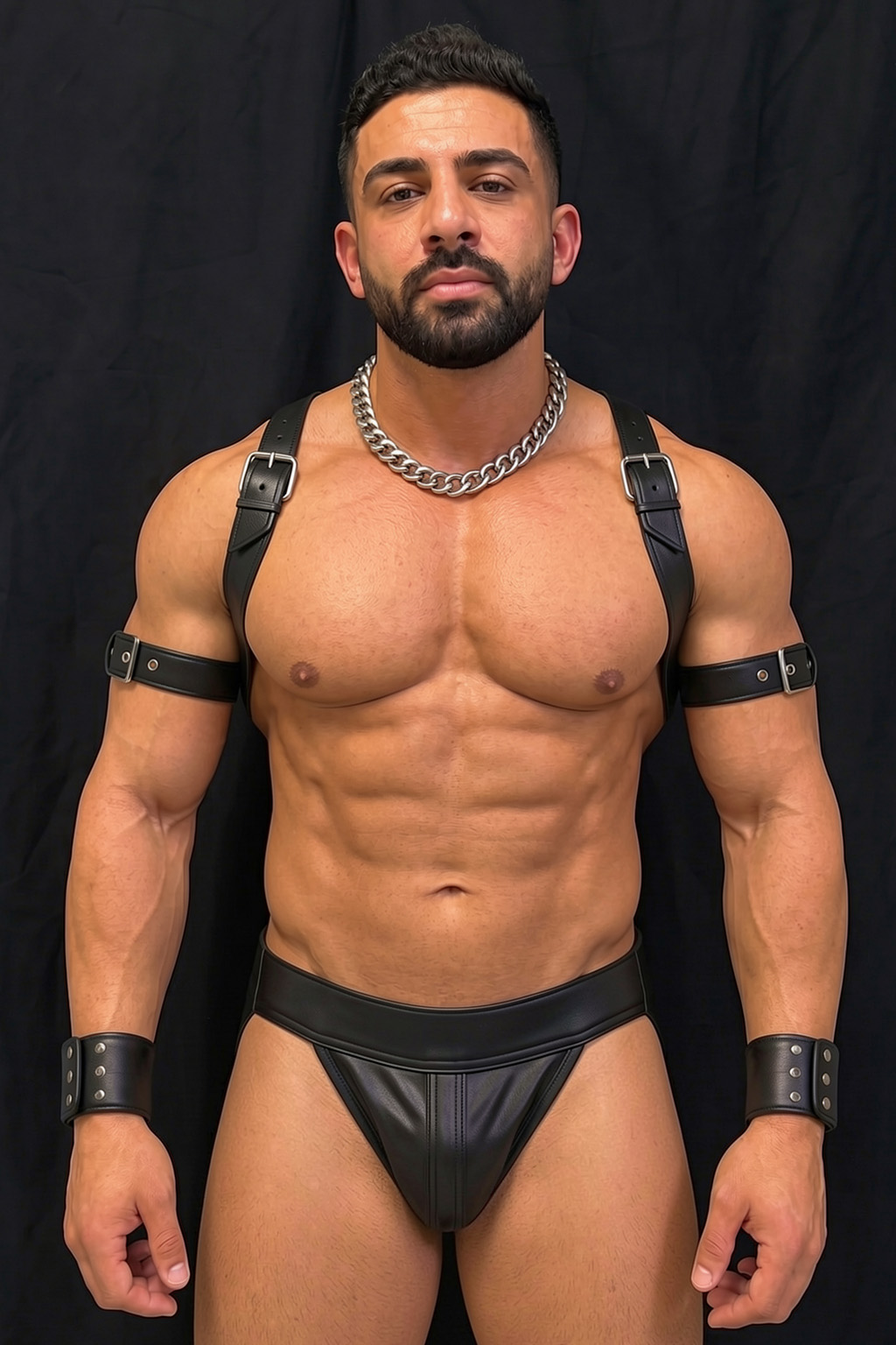 Mysteryglove Black PU Leather Harness Vest Set, Cropped Vest Top + Open-Back Jock Shorts + Arm Bands