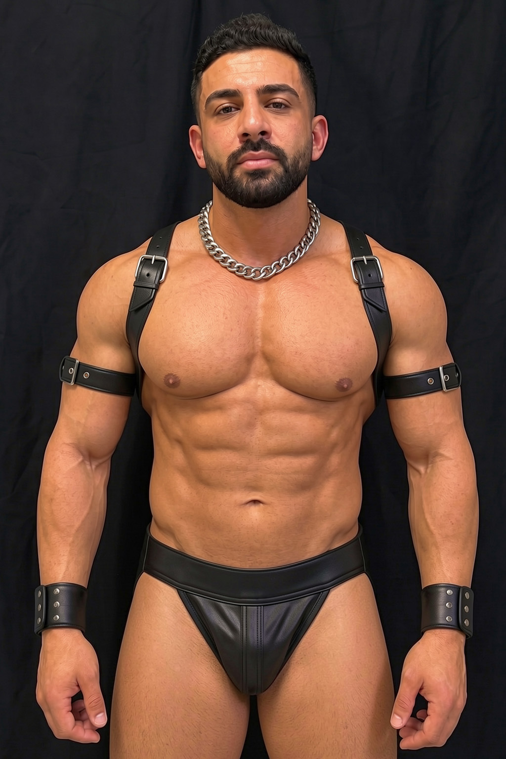 Mysteryglove Black PU Leather Harness Vest Set, Cropped Vest Top + Open-Back Jock Shorts + Arm Bands
