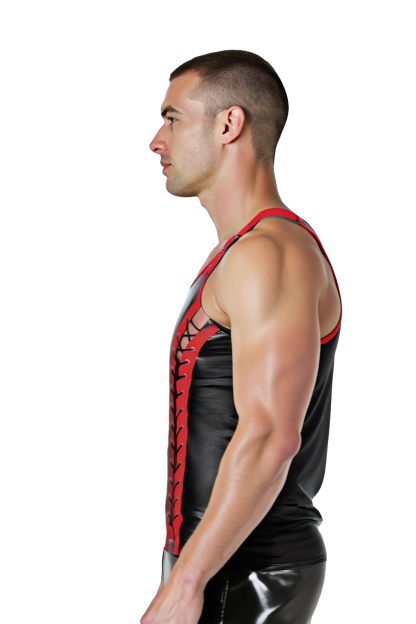 Mysteryglove Men's Faux Leather Tank Top with Red Lace-Up Front and Buckle Straps – Bold Gothic Statement Wear