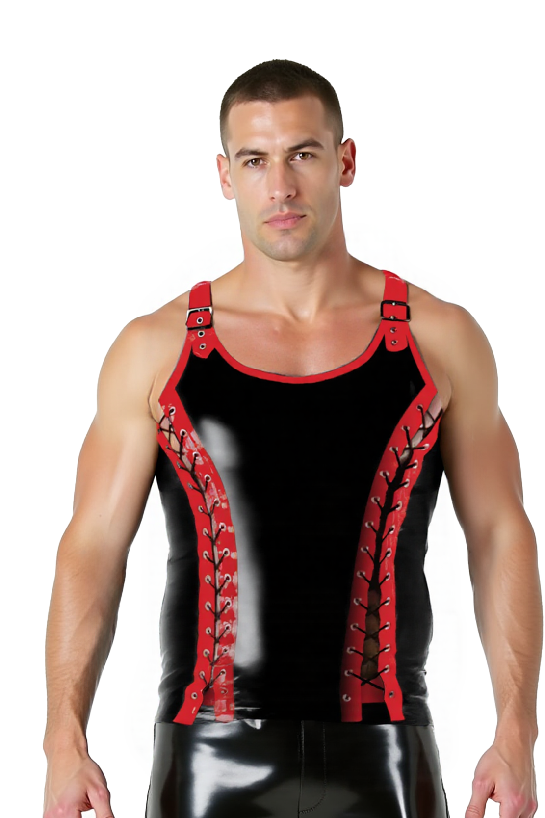 Mysteryglove Men's Faux Leather Tank Top with Red Lace-Up Front and Buckle Straps – Bold Gothic Statement Wear