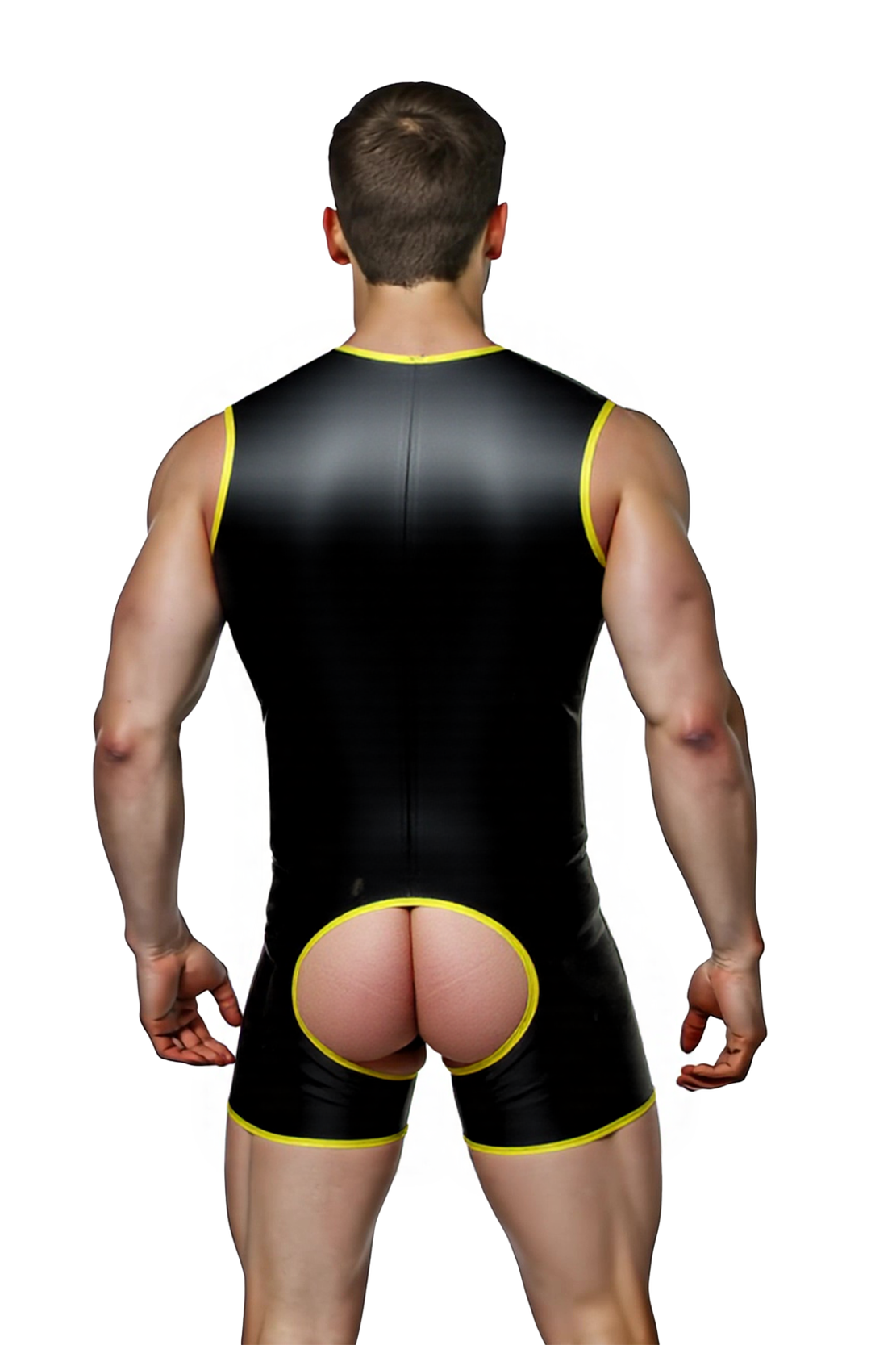 Mysteryglove Bold Cut-Out PU Leather Bodysuit for Men – Sleeveless, Black with Yellow Highlights