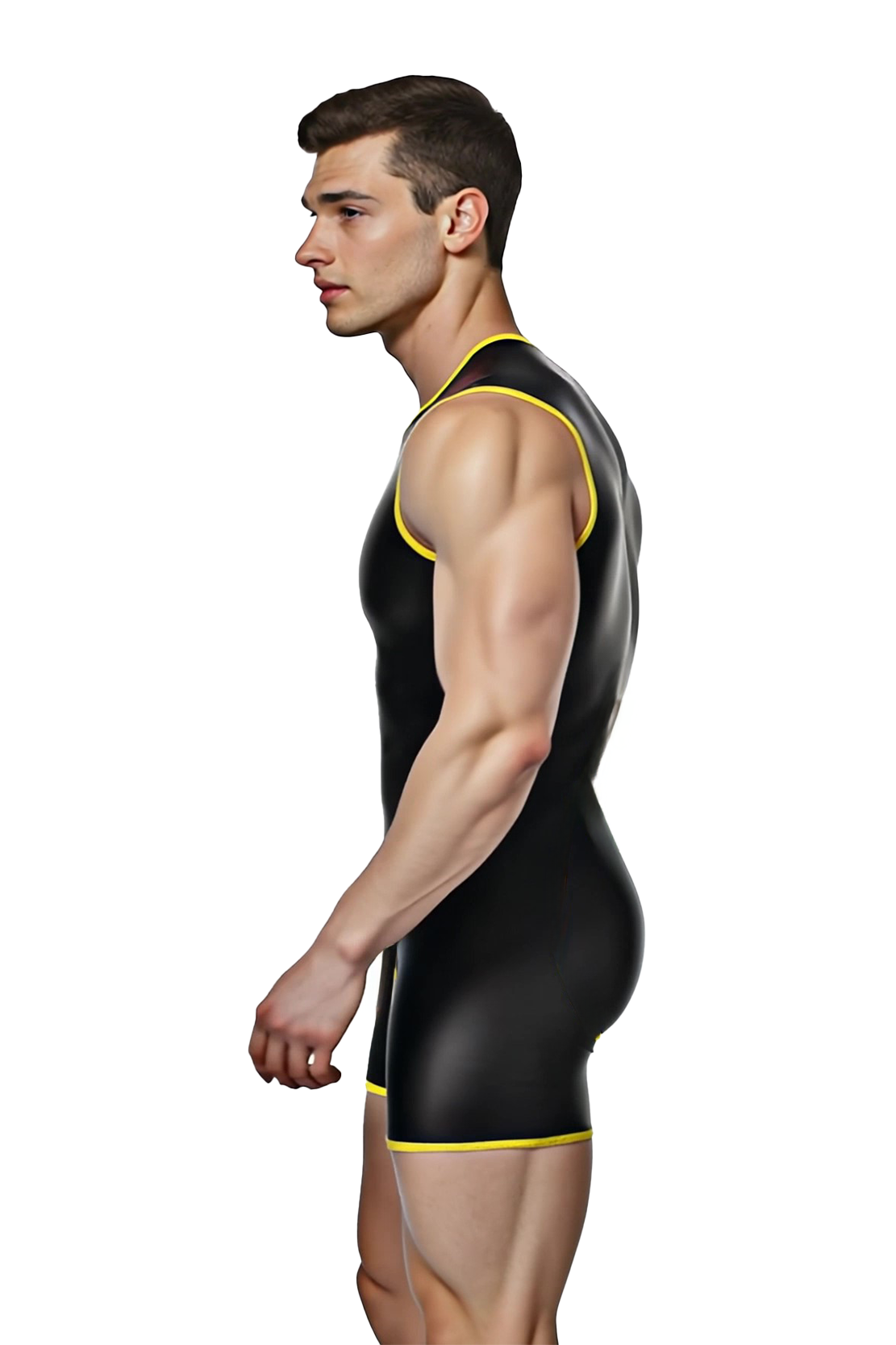 Mysteryglove Bold Cut-Out PU Leather Bodysuit for Men – Sleeveless, Black with Yellow Highlights