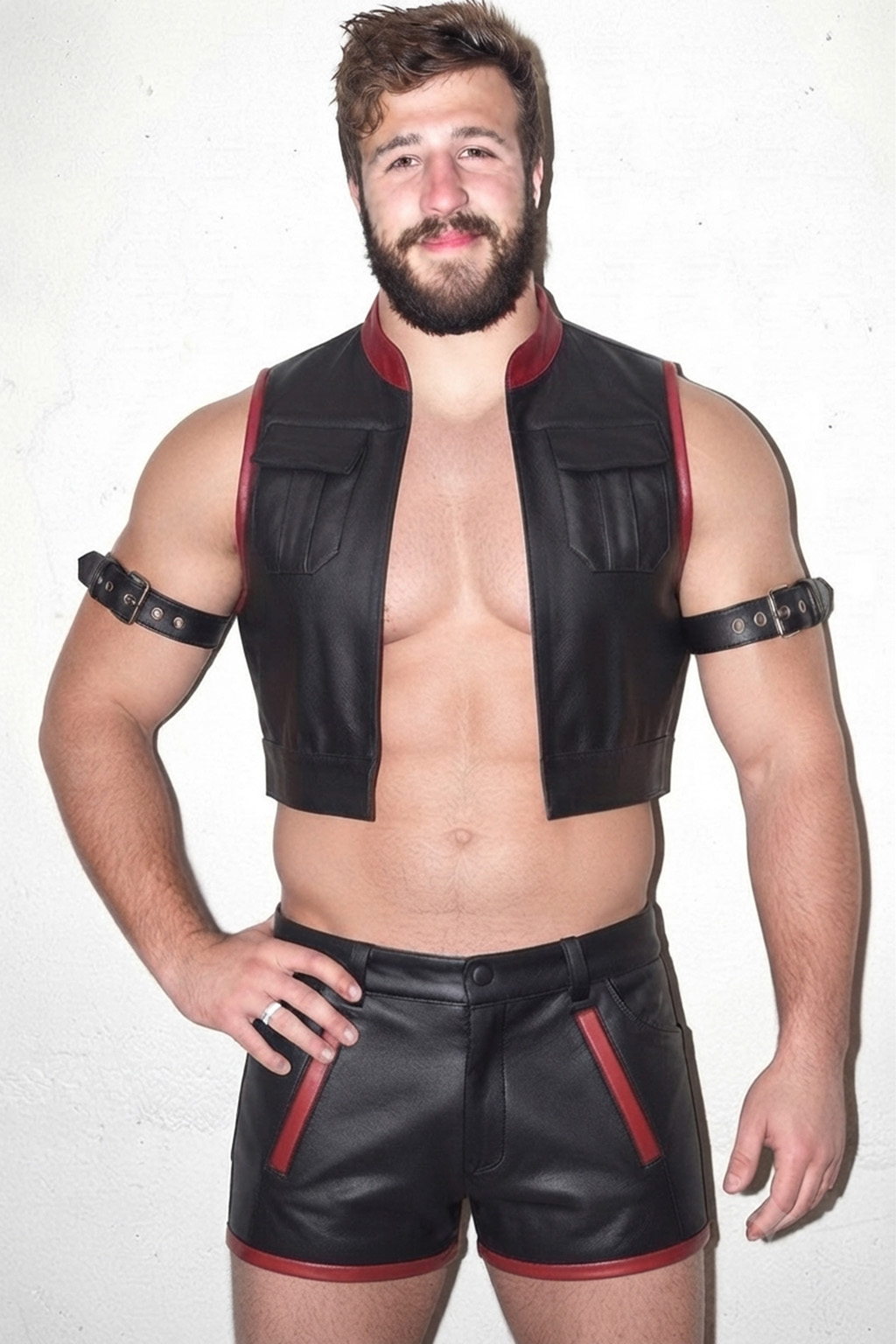 Mysteryglove Black & Red PU Leather Vest Set, Open-Front Crop Vest + Cutout Shorts
