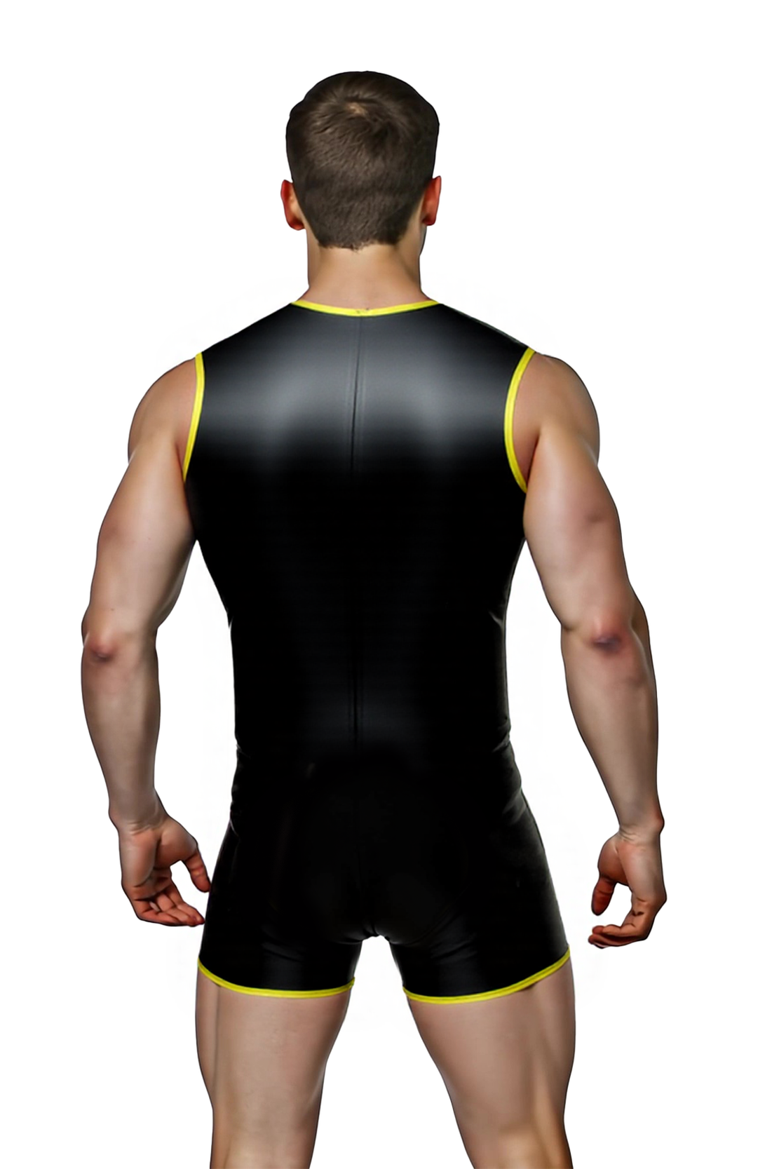 Mysteryglove Bold Cut-Out PU Leather Bodysuit for Men – Sleeveless, Black with Yellow Highlights