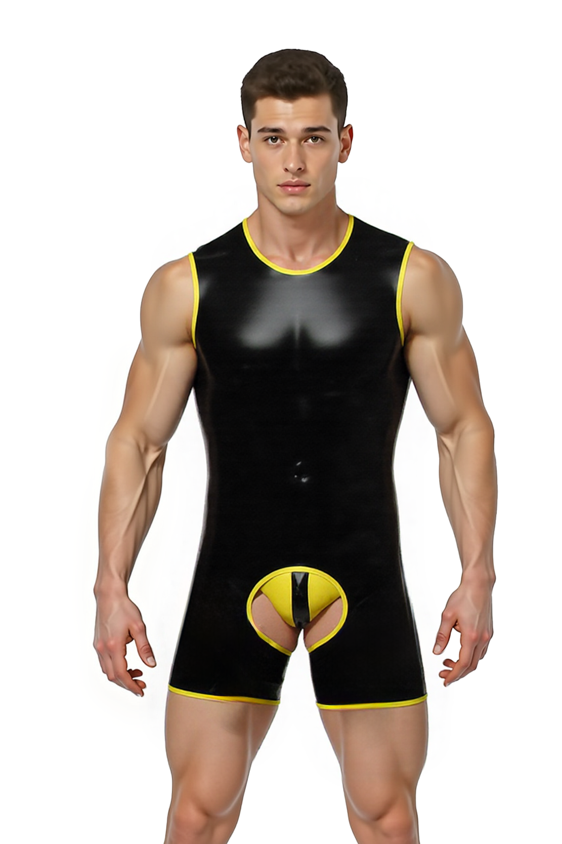 Mysteryglove Bold Cut-Out PU Leather Bodysuit for Men – Sleeveless, Black with Yellow Highlights