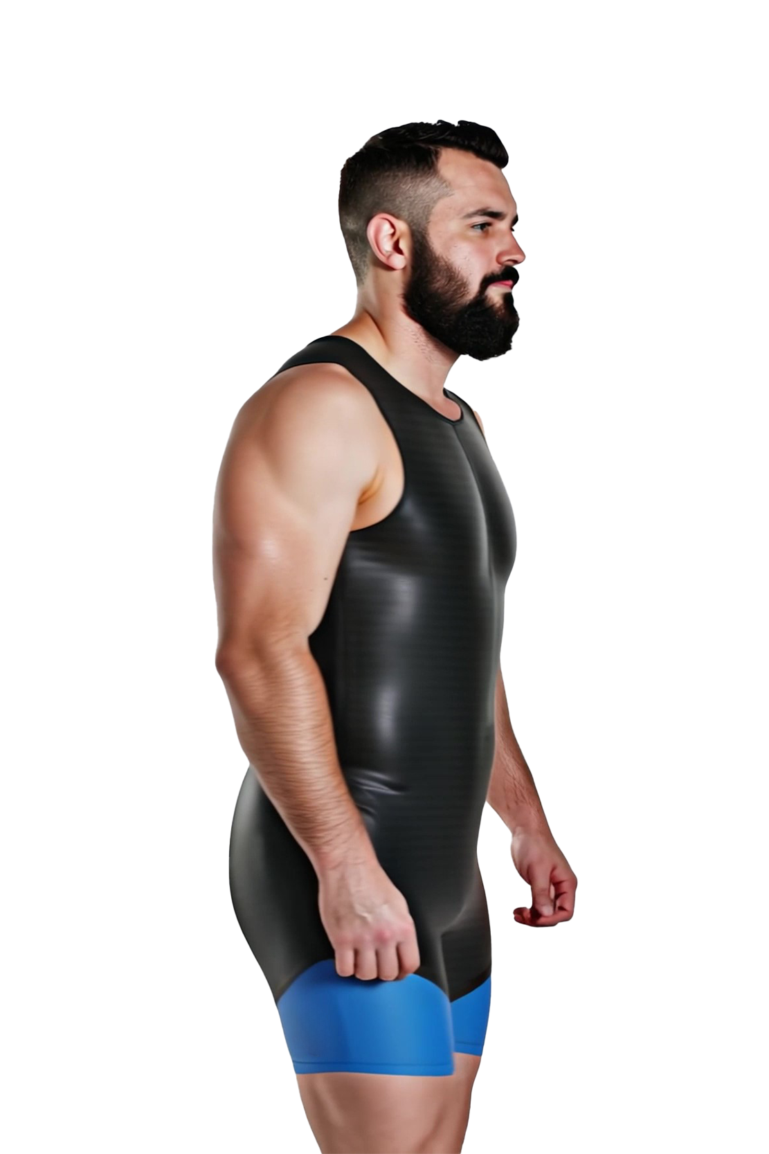 Mysteryglove Men's Sleeveless PU Leather Bodysuit – Black with Bold Blue Contrast Panels