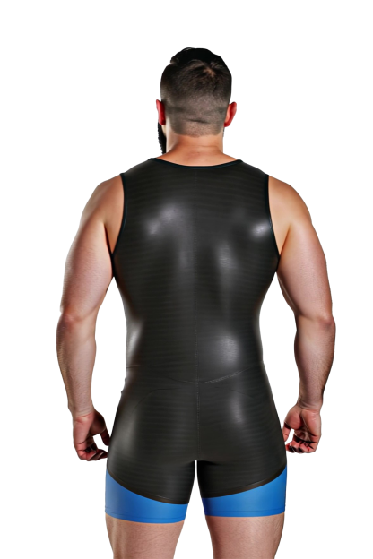 Mysteryglove Men's Sleeveless PU Leather Bodysuit – Black with Bold Blue Contrast Panels