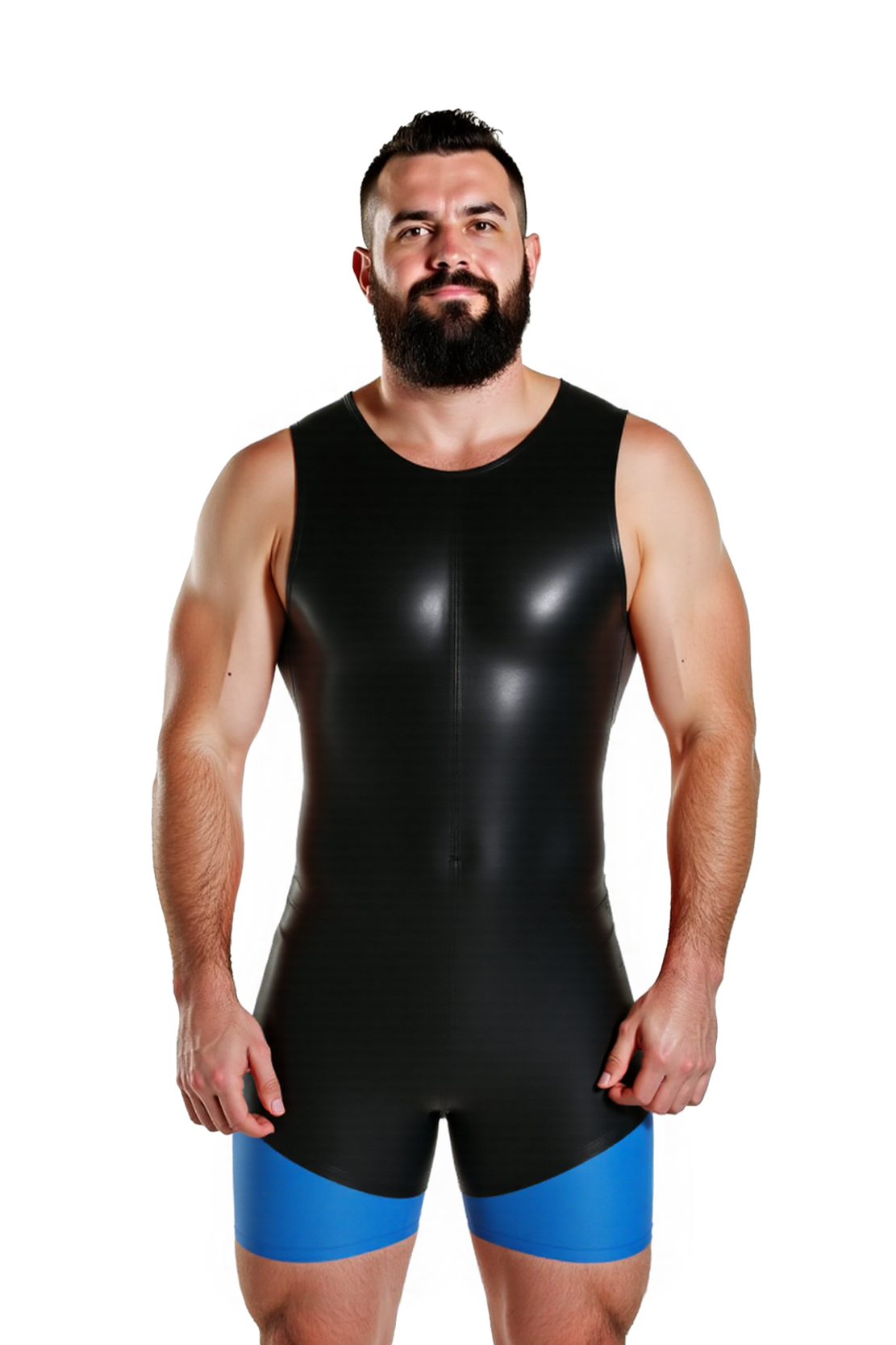 Mysteryglove Men's Sleeveless PU Leather Bodysuit – Black with Bold Blue Contrast Panels