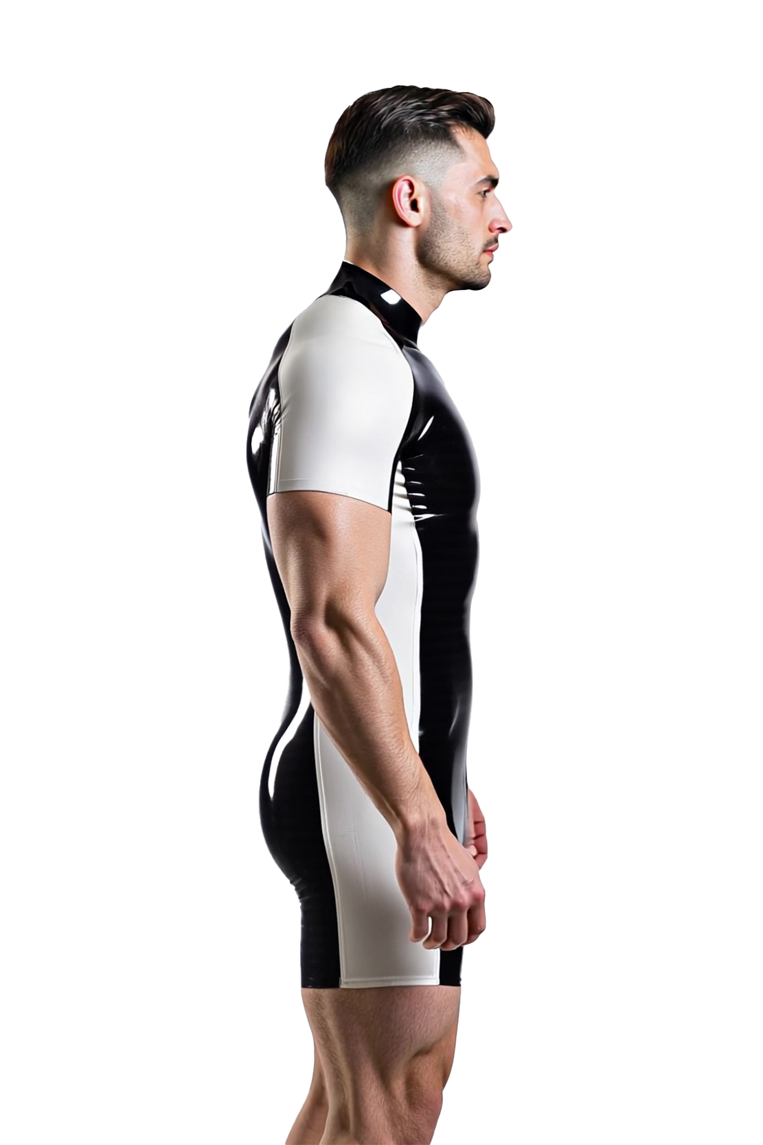 Mysteryglove Men’s Glossy PU Leather Short Catsuit – Black & White Contrast with Back Zipper