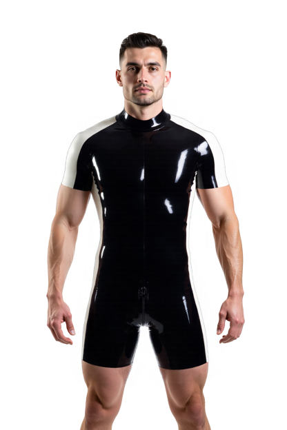 Mysteryglove Men’s Glossy PU Leather Short Catsuit – Black & White Contrast with Back Zipper