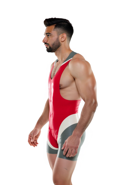 Mysteryglove Men’s Glossy PU Leather Wrestling Singlet – Red, Grey & White Power Panel Design