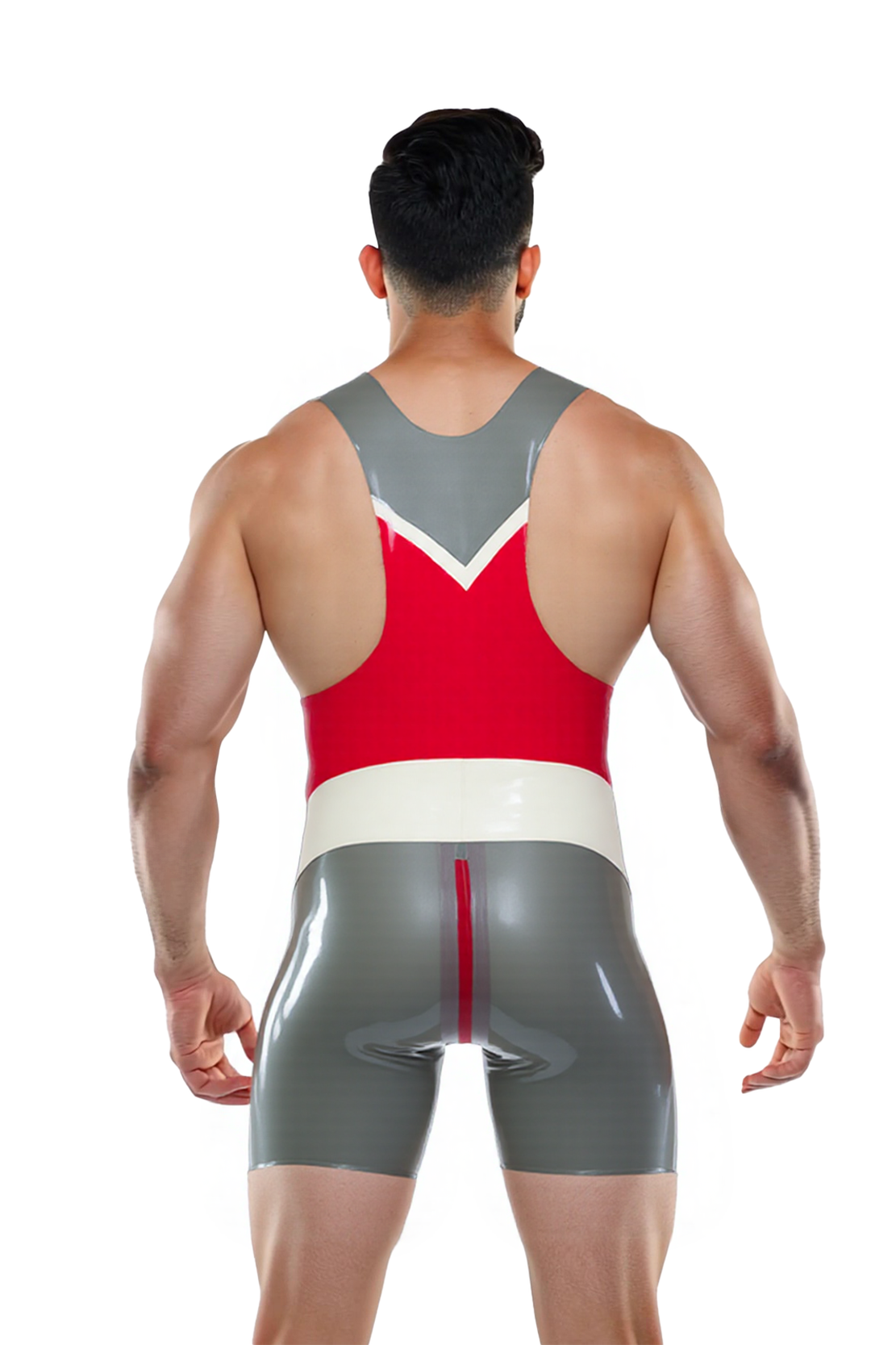 Mysteryglove Men’s Glossy PU Leather Wrestling Singlet – Red, Grey & White Power Panel Design