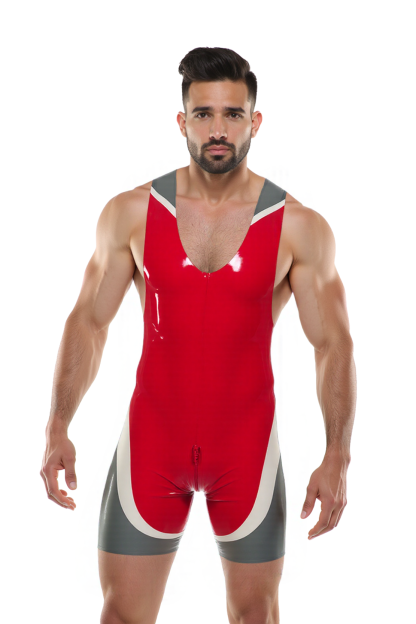 Mysteryglove Men’s Glossy PU Leather Wrestling Singlet – Red, Grey & White Power Panel Design