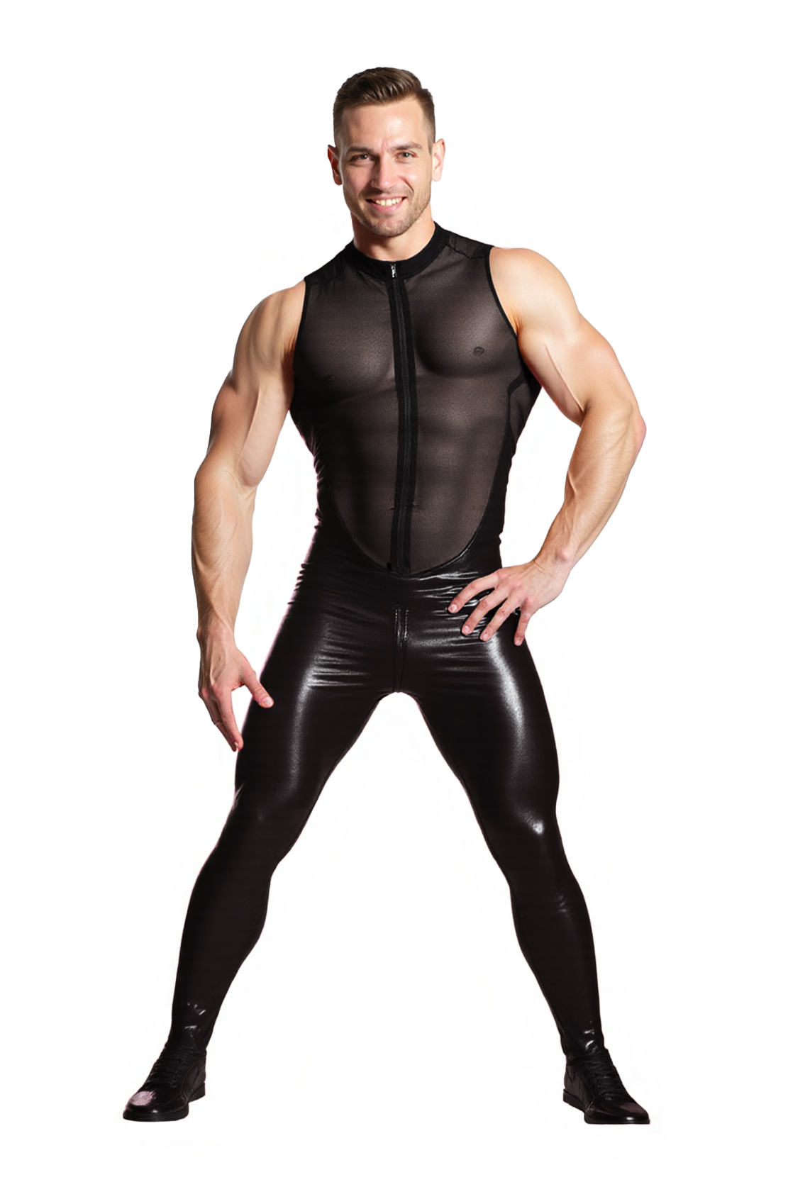 Mysteryglove Men’s Mesh & PU Leather Full Bodysuit – Sleeveless Zip Front Catsuit