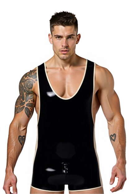 Mysteryglove Black PU Leather Singlet with Beige Accents
