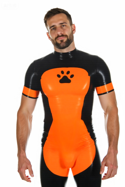 Mysteryglove Men’s Black & Orange PU Leather Bodysuit Shorts with Paw Prin