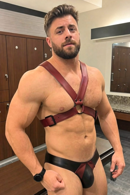 Mysteryglove Men’s PU Leather Harness & Brief — Adjustable Buckle Straps, Metal Ring Front, Sleek Two-Tone