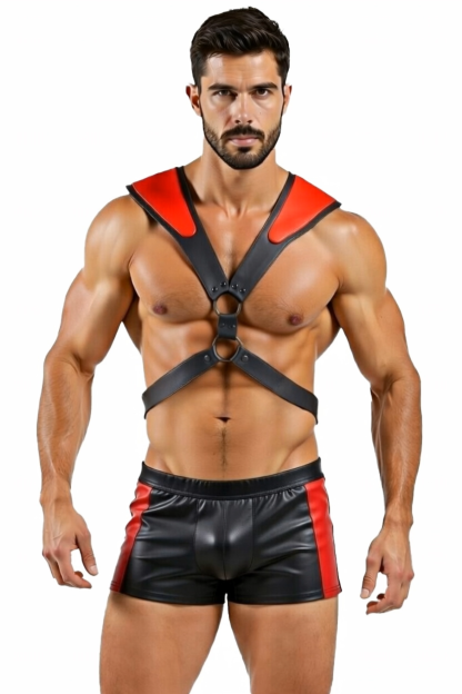 Mysteryglove Bold Two-Piece Set – Red Accented Harness and High-Cut Brief for Statement Styling