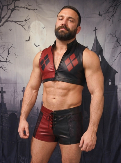 Mysteryglove Halloween Black & Red Leather Crop Vest Set, Front Zipper Design + Lace-Up Shorts