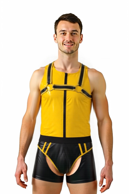 Mysteryglove Muscle Fit Yellow PU Leather Tank Top & Open Back Jock Shorts Set