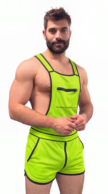 Mysteryglove Neon Mesh Suspender Set, Open-Side Bib Top + Zip-Front Pocket Shorts
