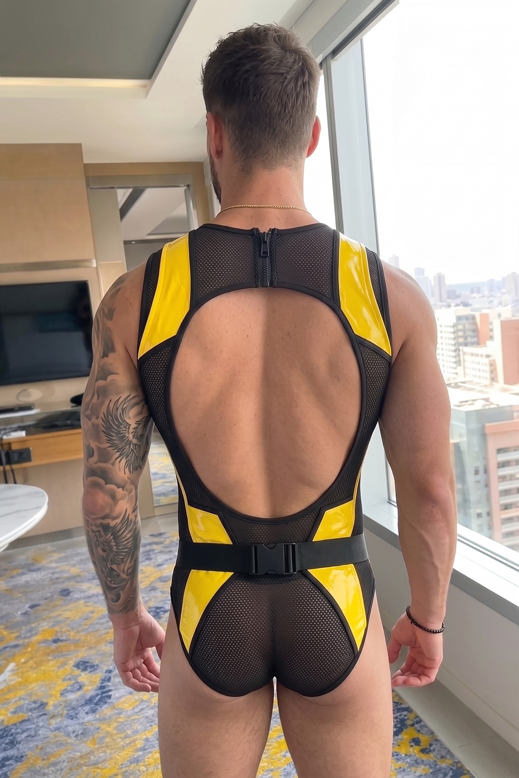 Mysteryglove Mesh & Gloss PU Leather Singlet, Yellow Panel Design with Open Back