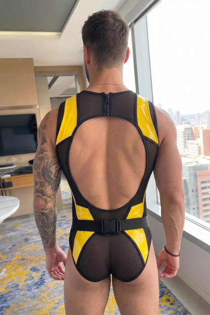 Mysteryglove Mesh & Gloss PU Leather Singlet, Yellow Panel Design with Open Back
