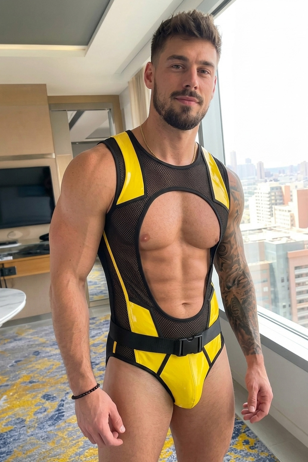 Mysteryglove Mesh & Gloss PU Leather Singlet, Yellow Panel Design with Open Back