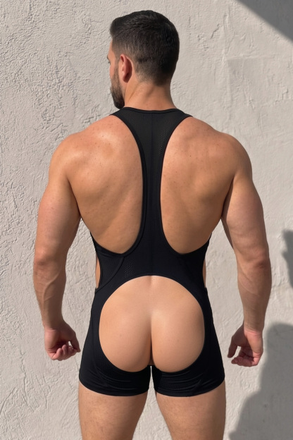 Mysteryglove Men’s Black Mesh Singlet Bodysuit with Front Zipper 