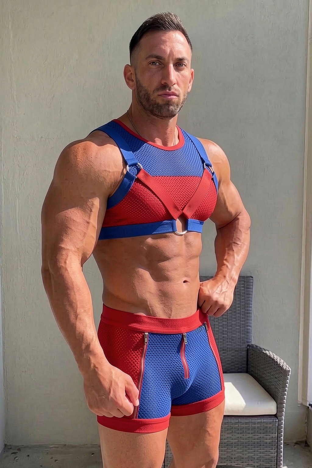 Mysteryglove Men's Red & Blue Mesh Harness Shorts Set