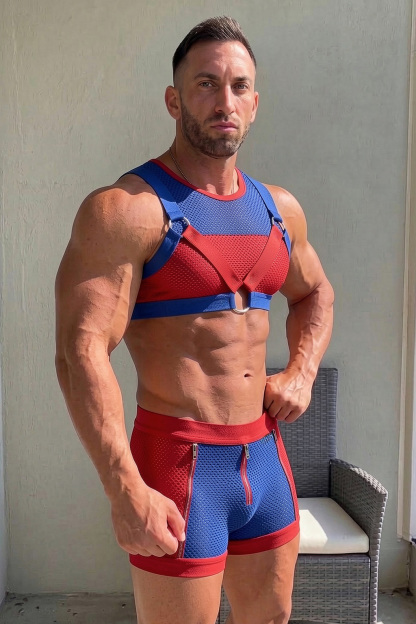 Mysteryglove Men's Red & Blue Mesh Harness Shorts Set