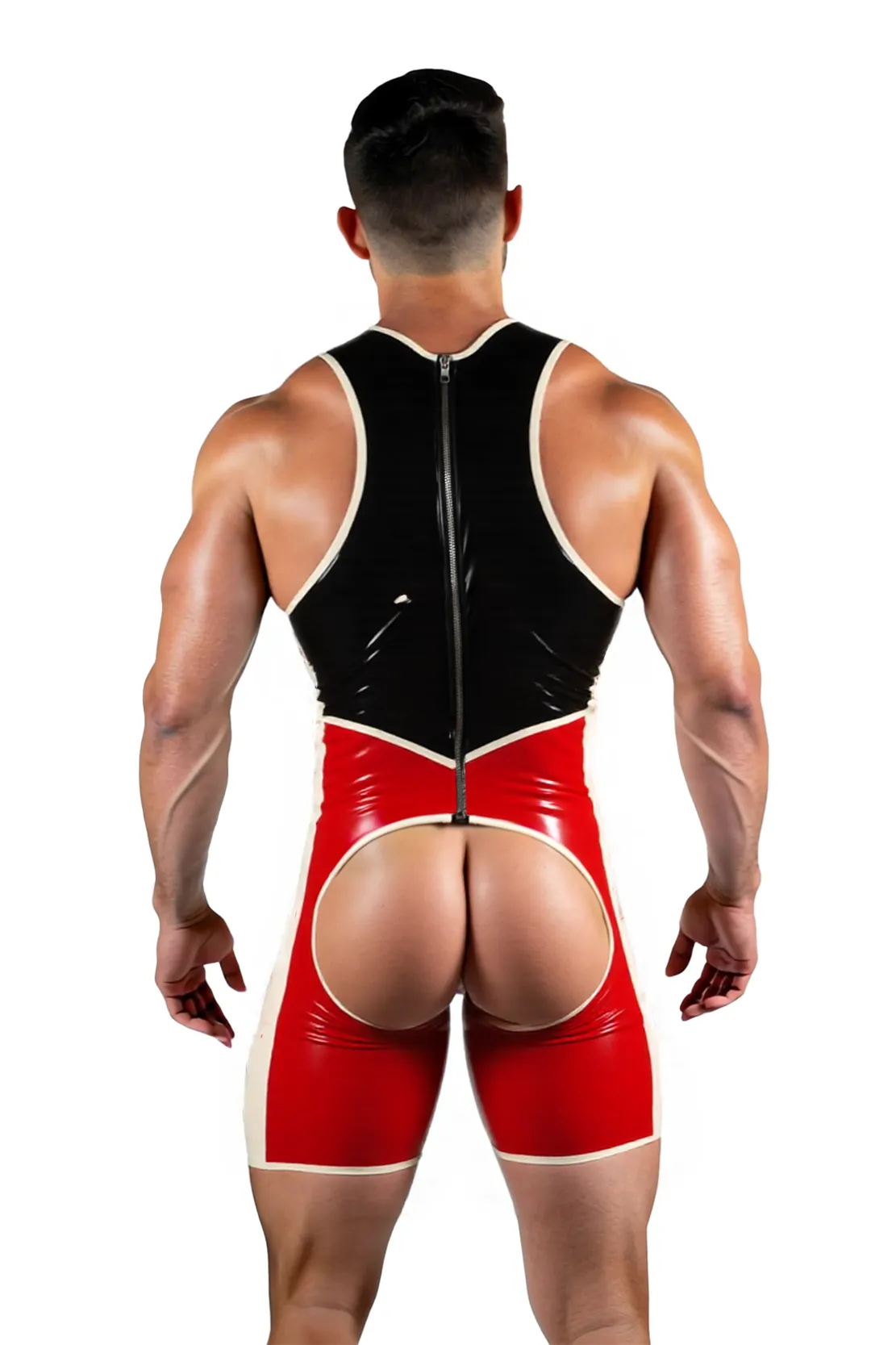 Mysteryglove Sexy PU Leather Singlet for Men – Contrast Red & Black with Exposed Back