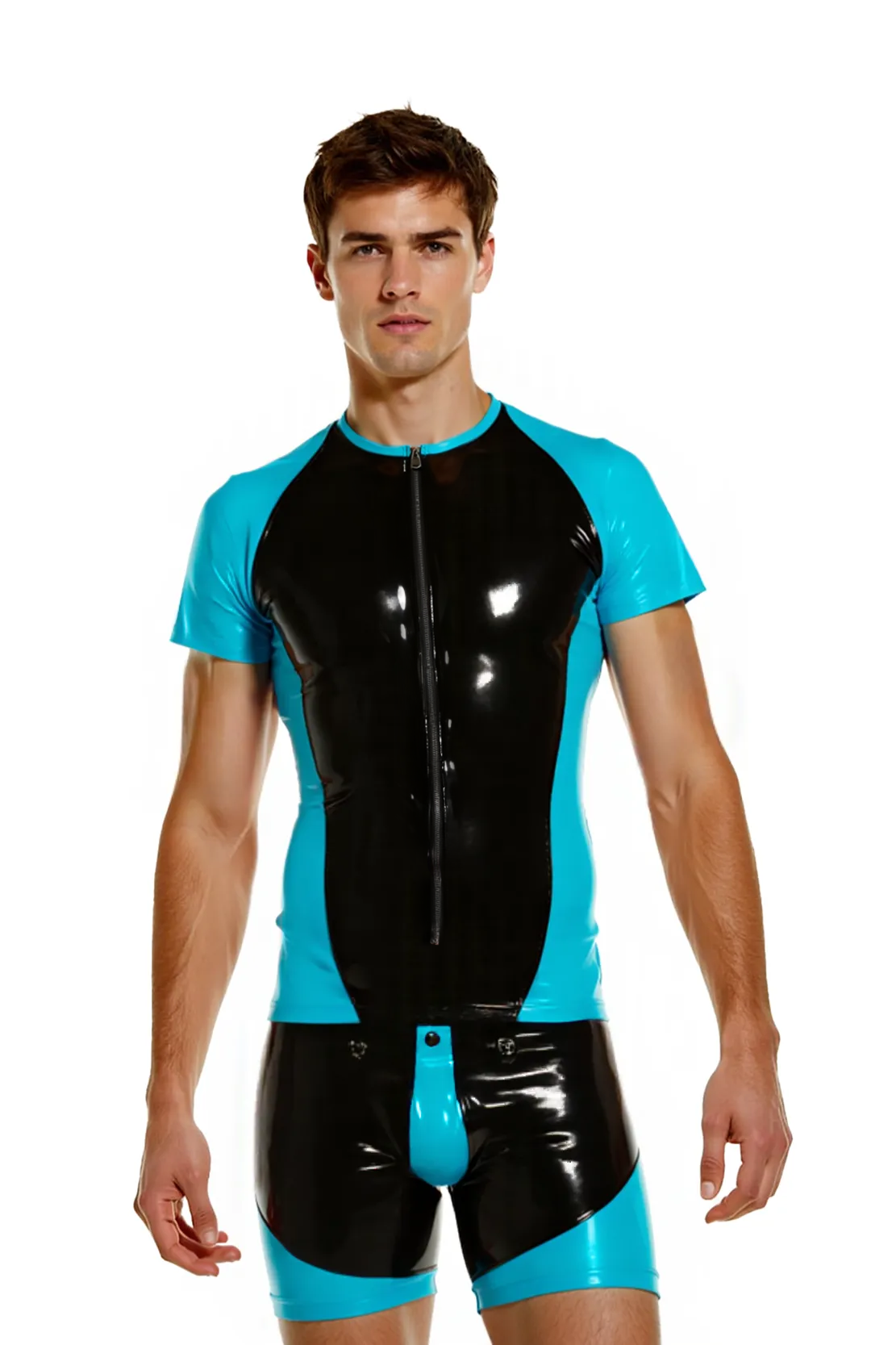 Mysteryglove Men’s GlossFit Compression Bodysuit-Sculpted PU Leather Design