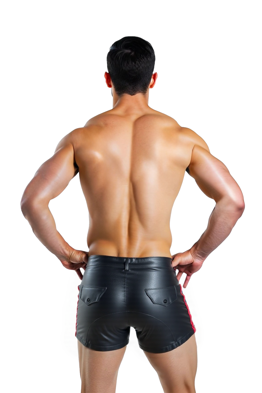 Mysteryglove Men’s PU Leather Shorts with Red Side Stripes and Back Pocket Design