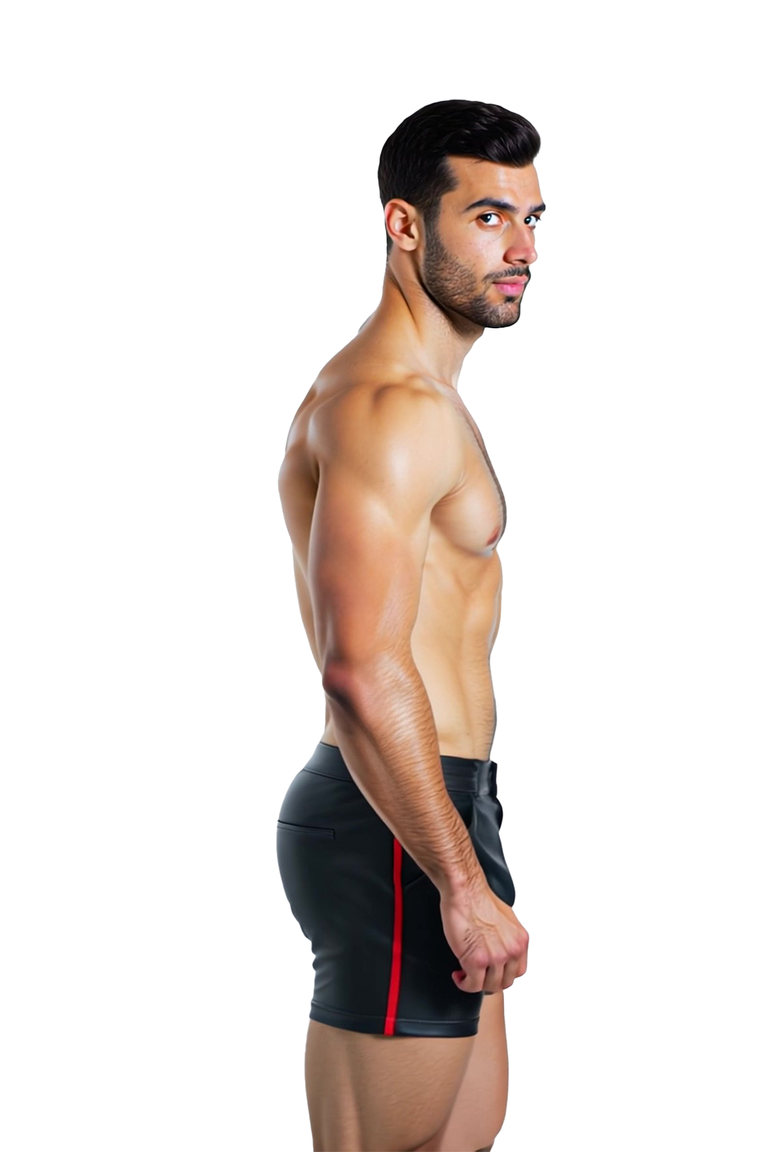 Mysteryglove Men’s PU Leather Shorts with Red Side Stripes and Back Pocket Design