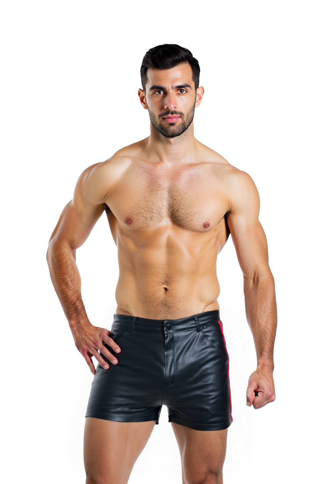 Mysteryglove Men’s PU Leather Shorts with Red Side Stripes and Back Pocket Design