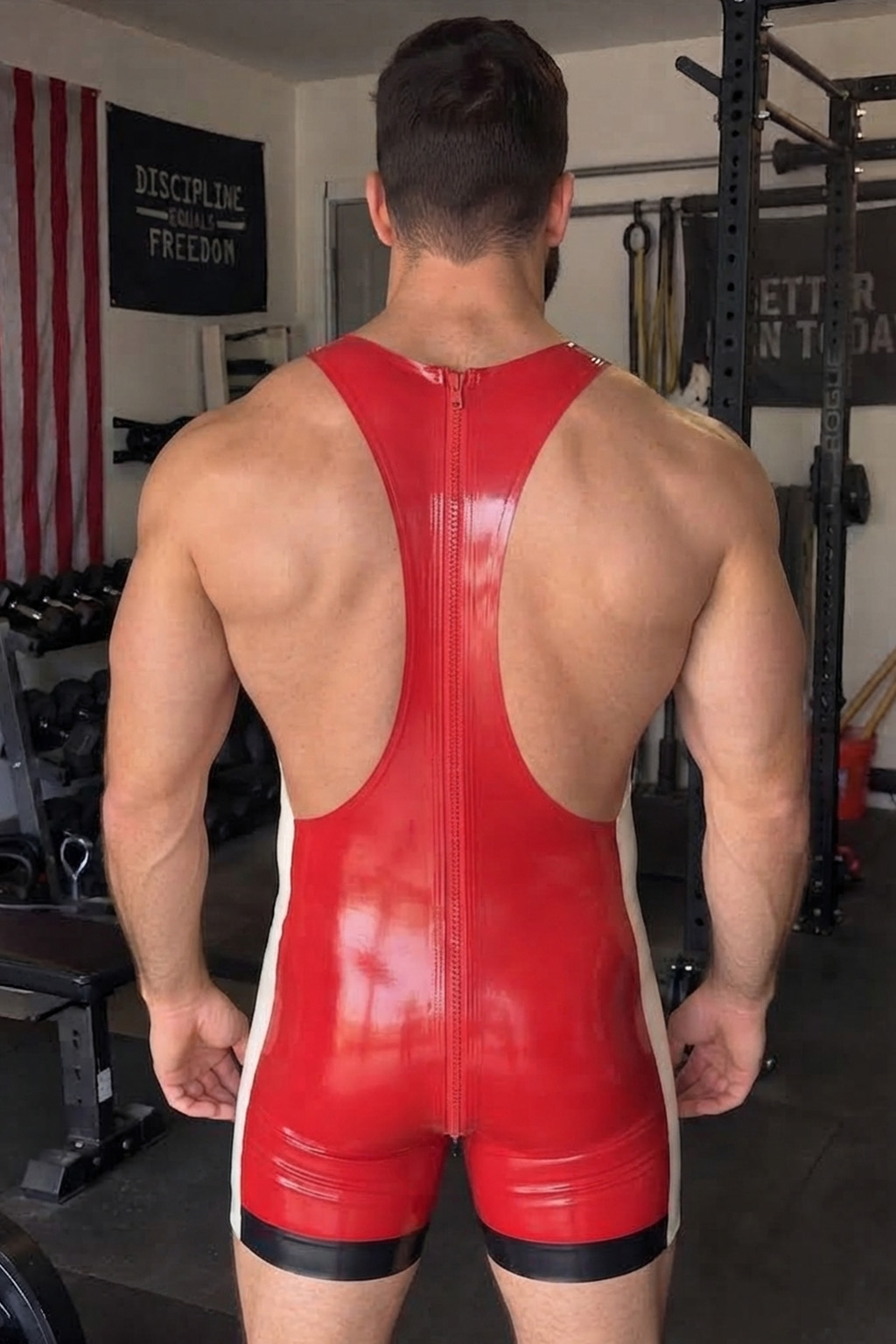 Mysteryglove Men's Red PU Leather Harness Style Sleeveless Bodysuit with Zipper Design