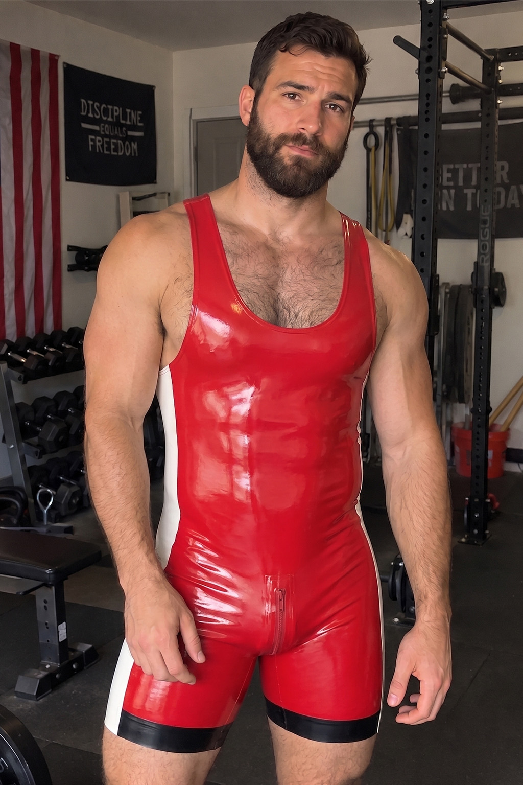Mysteryglove Men's Red PU Leather Harness Style Sleeveless Bodysuit with Zipper Design