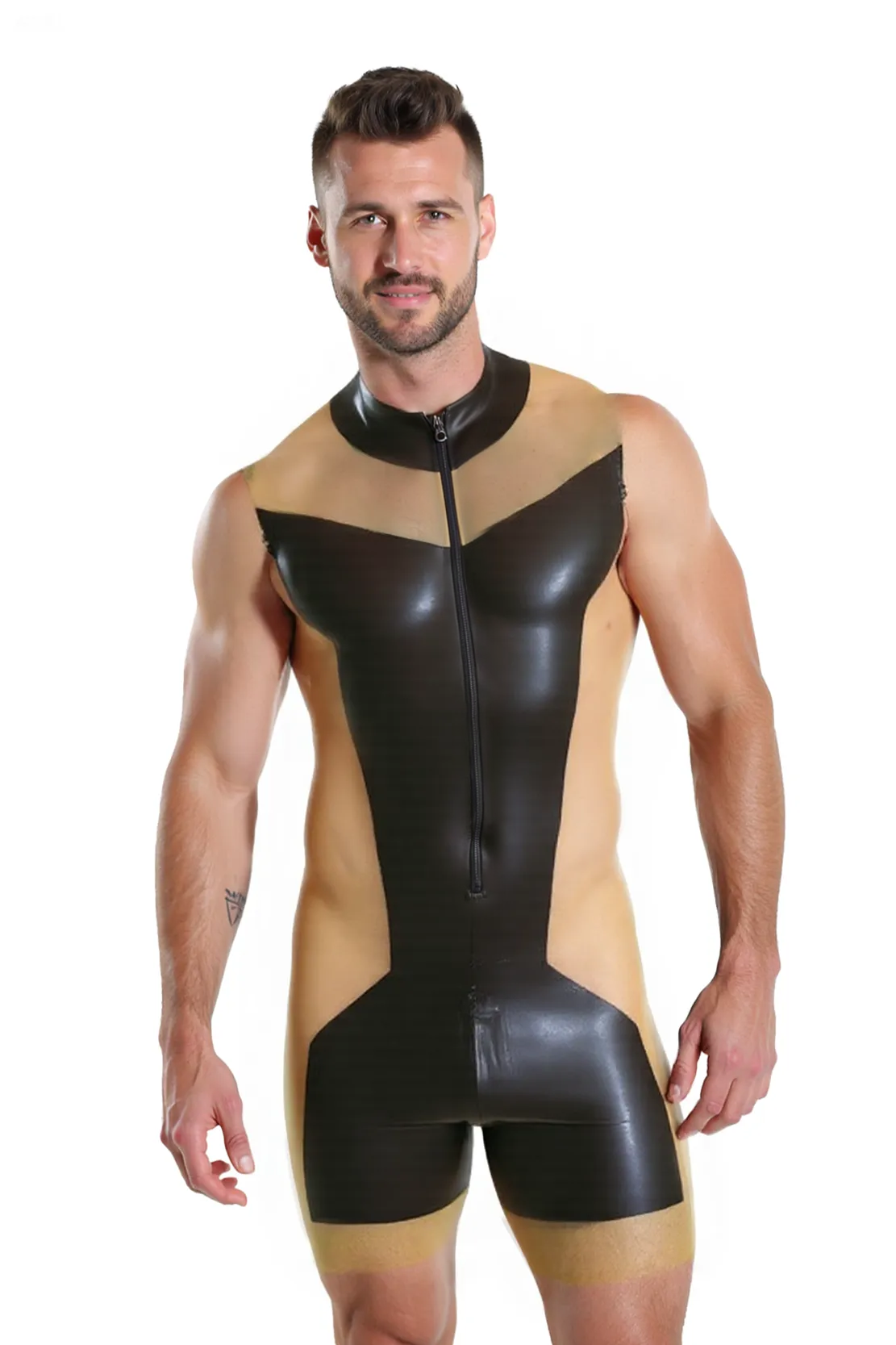 Mysteryglove Sexy Men’s Transparent and Black PU Leather Catsuit – Sleeveless One-Piece Jumpsuit