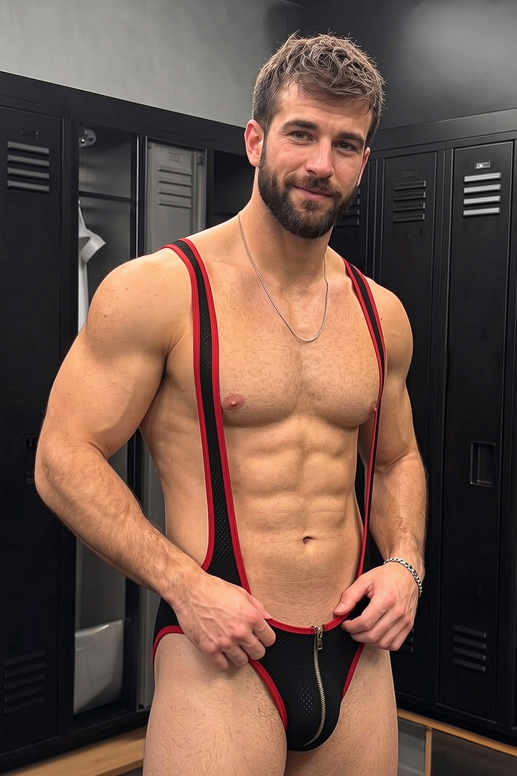 Mysteryglove Men's Red & Black Mesh Harness Bodysuit, Open Back Cutout Design
