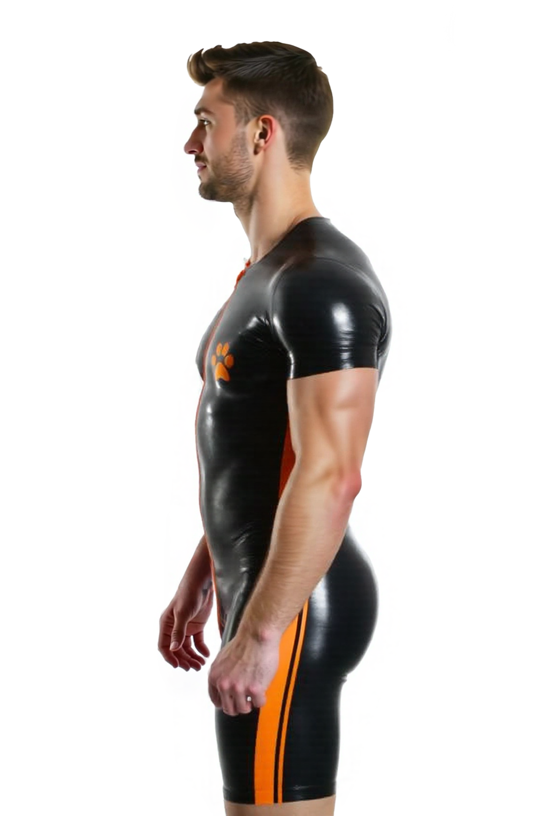 Mysteryglove Men’s Black PU Leather Bodysuit with Orange Paw Print and Zipper Front
