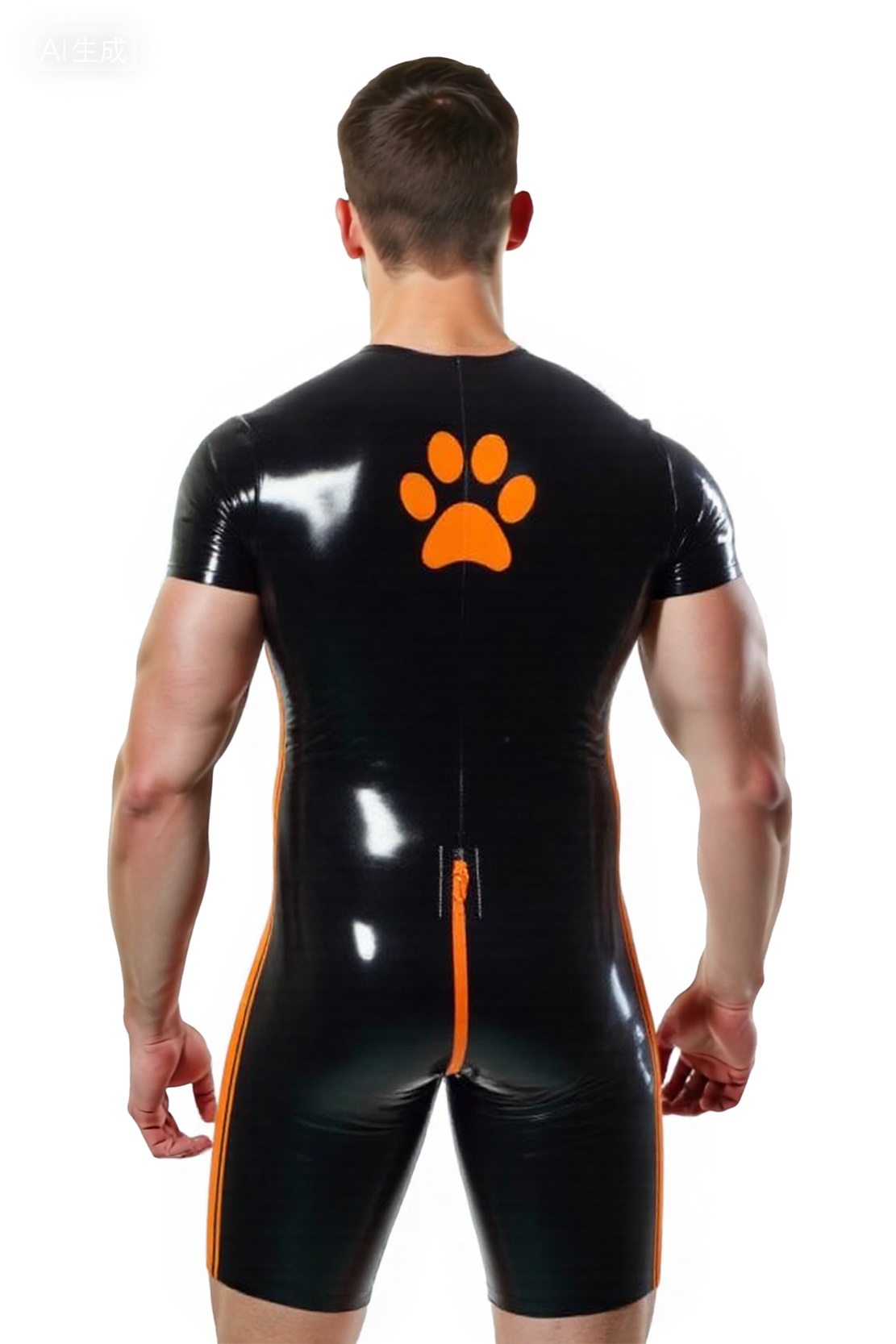 Mysteryglove Men’s Black PU Leather Bodysuit with Orange Paw Print and Zipper Front