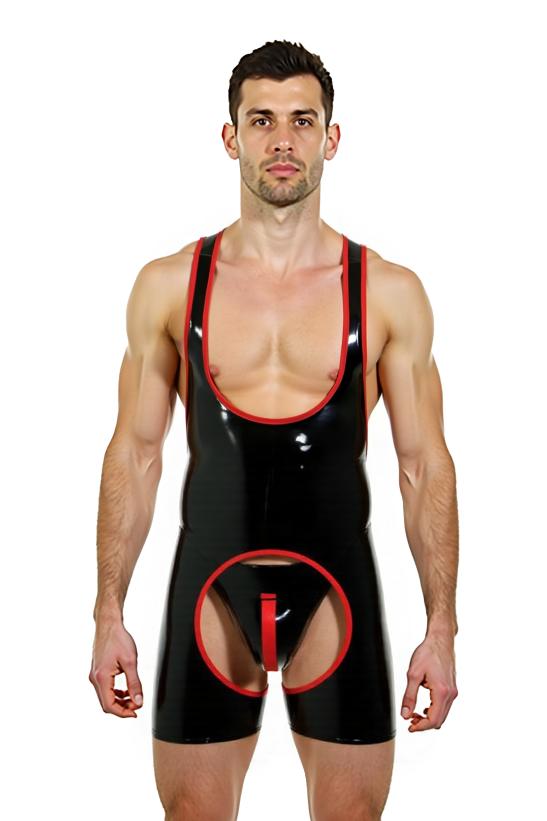Mysteryglove Men’s Black PU Leather Wrestling Singlet with Open Butt and Red Trim