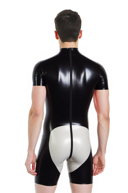 Mysteryglove Men’s PU Leather Short-Sleeve Bodysuit – Black & White Contrast Style