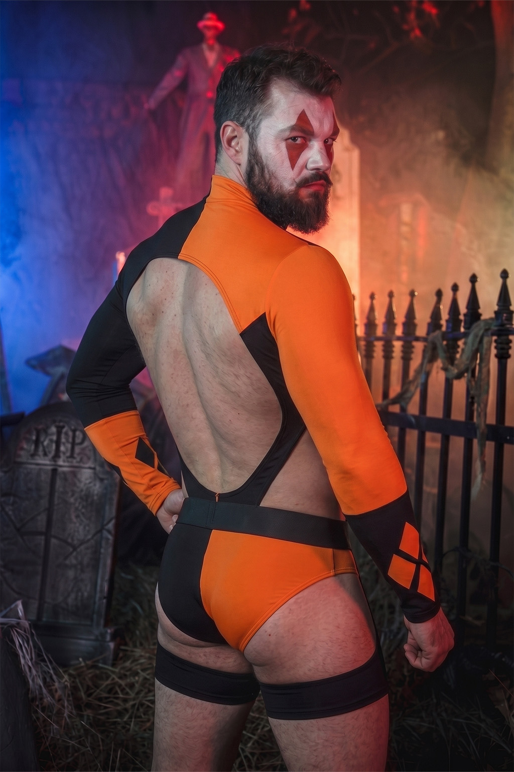 Mysteryglove Halloween Black & Orange Glossy PU Long Sleeve Open Back Bodysuit