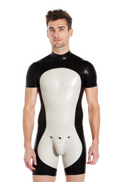 Mysteryglove Men’s PU Leather Short-Sleeve Bodysuit – Black & White Contrast Style