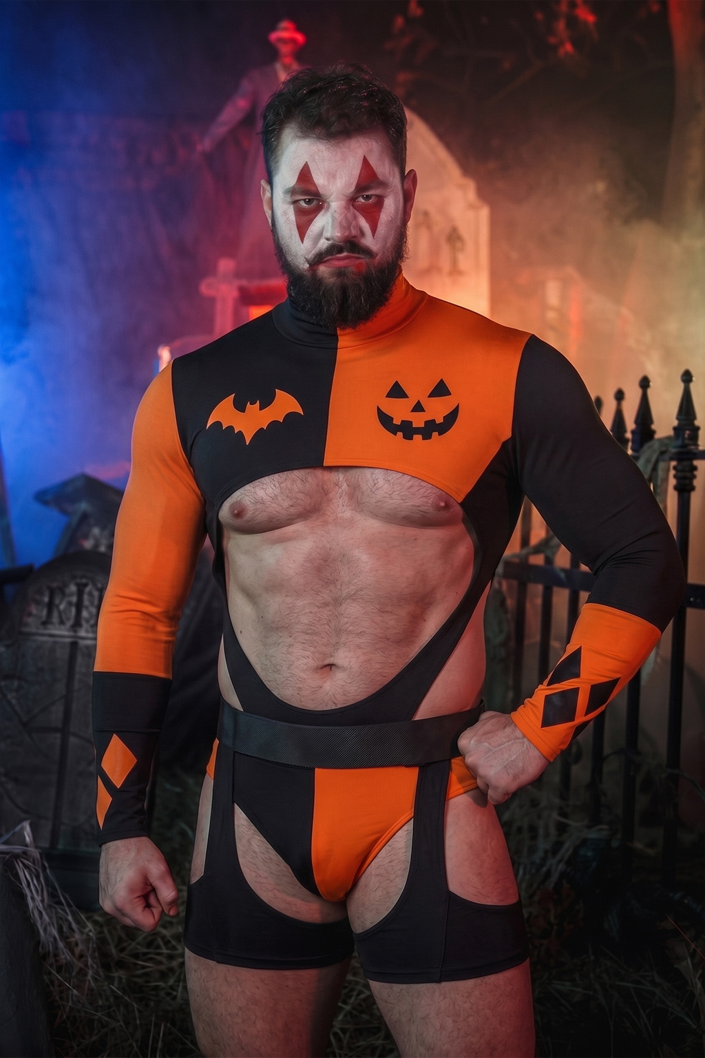 Mysteryglove Halloween Black & Orange Glossy PU Long Sleeve Open Back Bodysuit
