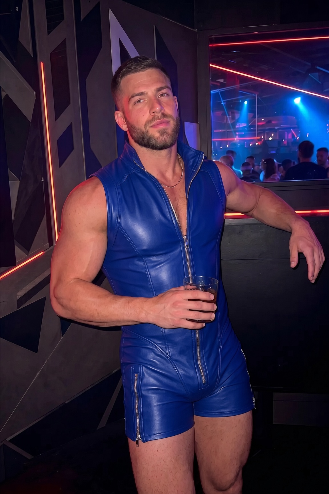 Mysteryglove Men's Blue PU Leather High Neck Open-Back Bodysuit with Front Zipper